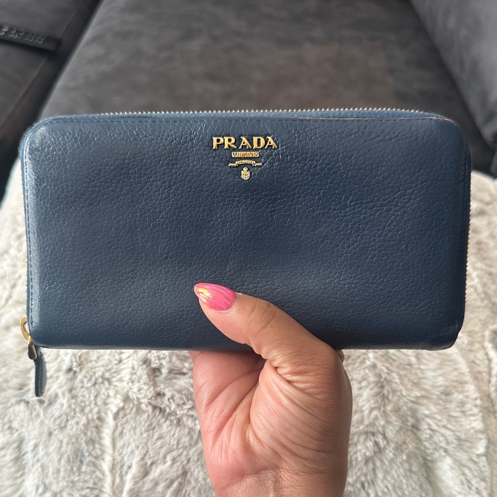 Prada Saffiano Navy Blue Leather Long Wallet with Gold Logo and Hardware